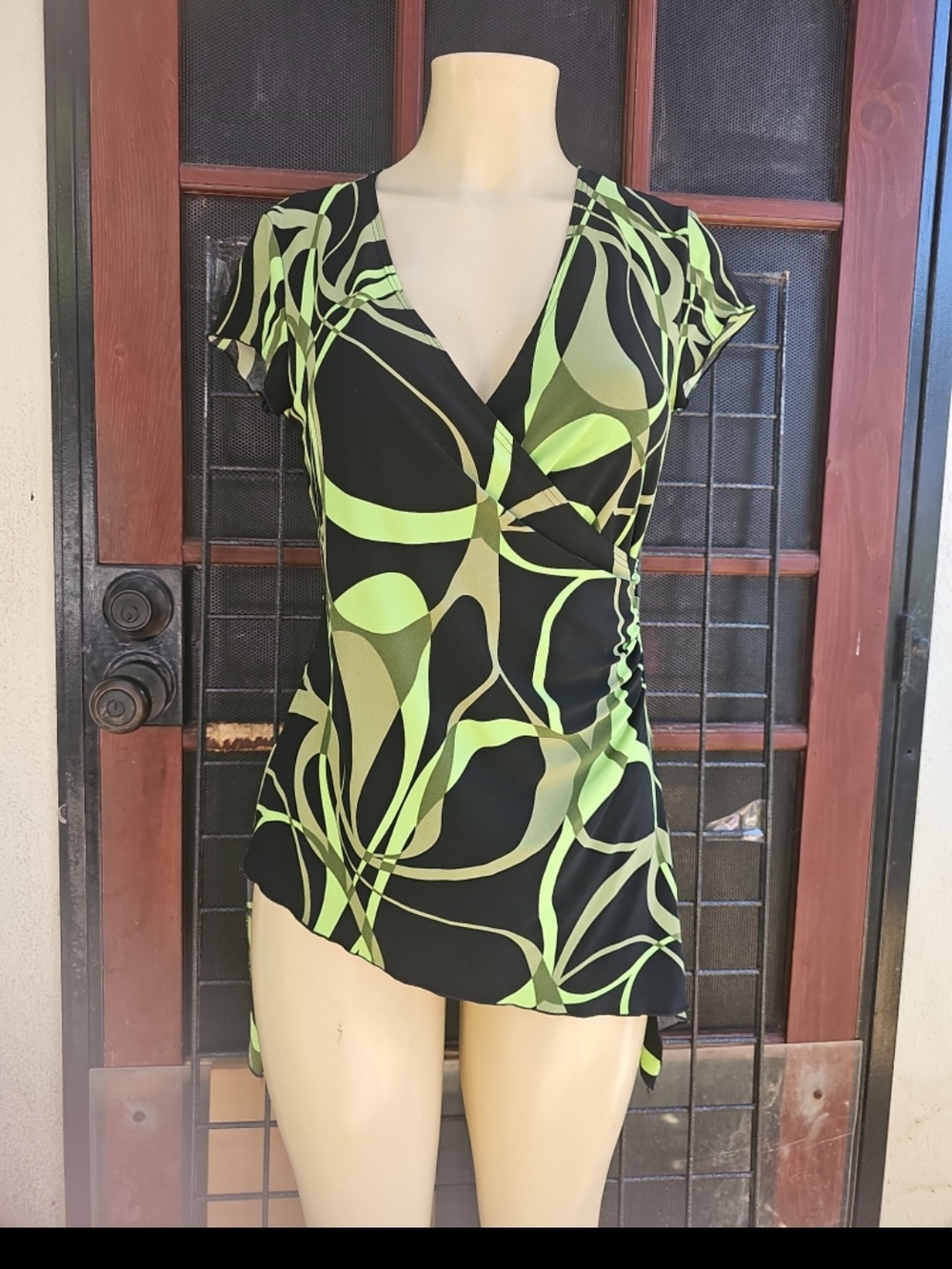 Women’s Black & Lime Green V-Neck Wrap Blouse